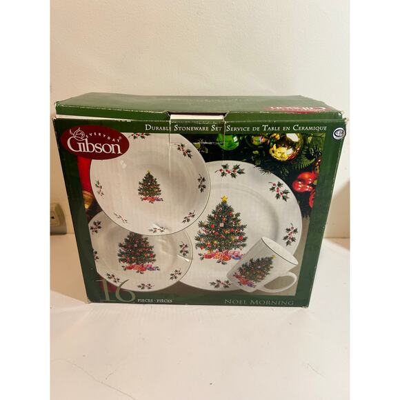 Gibson Noel Morning Christmas 16 Piece Stoneware Set Dinner Plates Bowls Cups - Picture 5 of 6